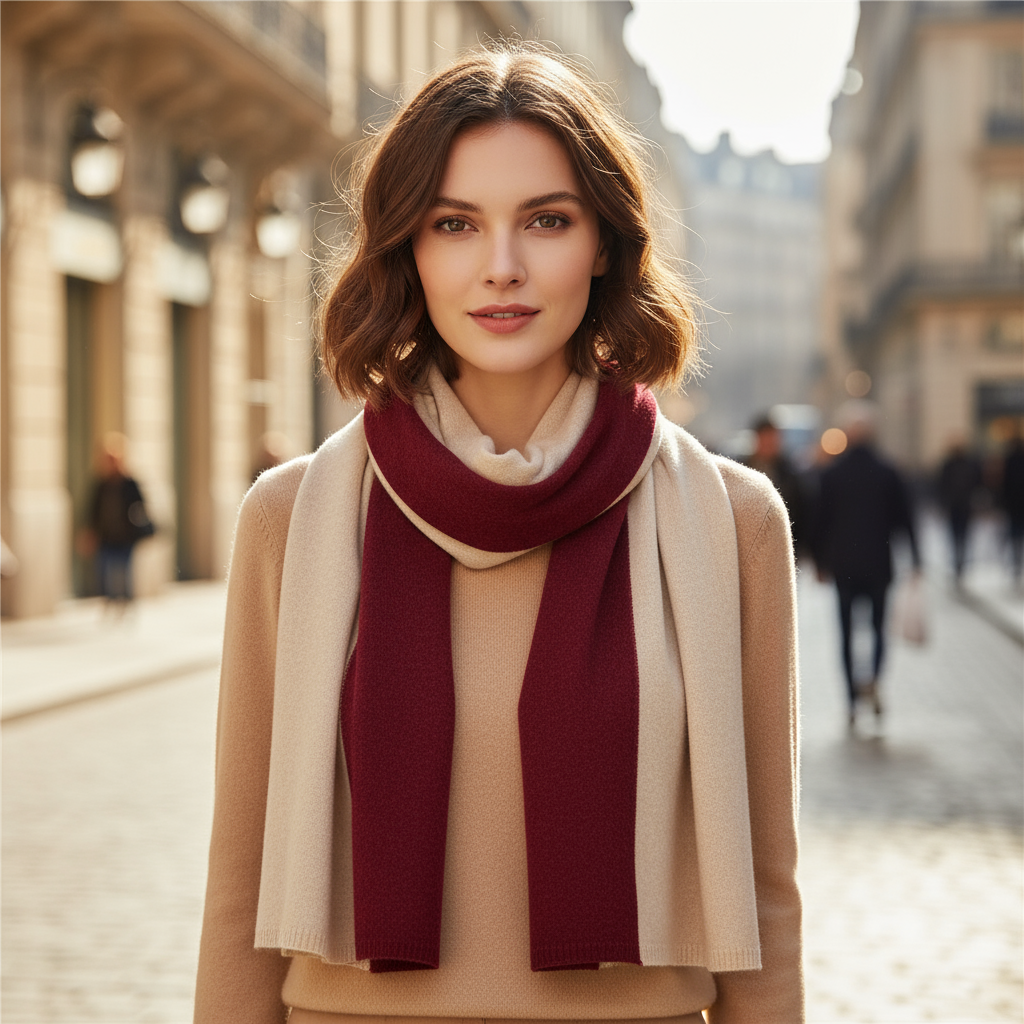 Écharpe Bicolore Cachemire Femme portée autour du cou - Bordeaux et Beige Clair - Beige Clair et Blanc - Beige Foncé et Blanc - Beige Sable et Crème - Gris Clair et Gris Foncé