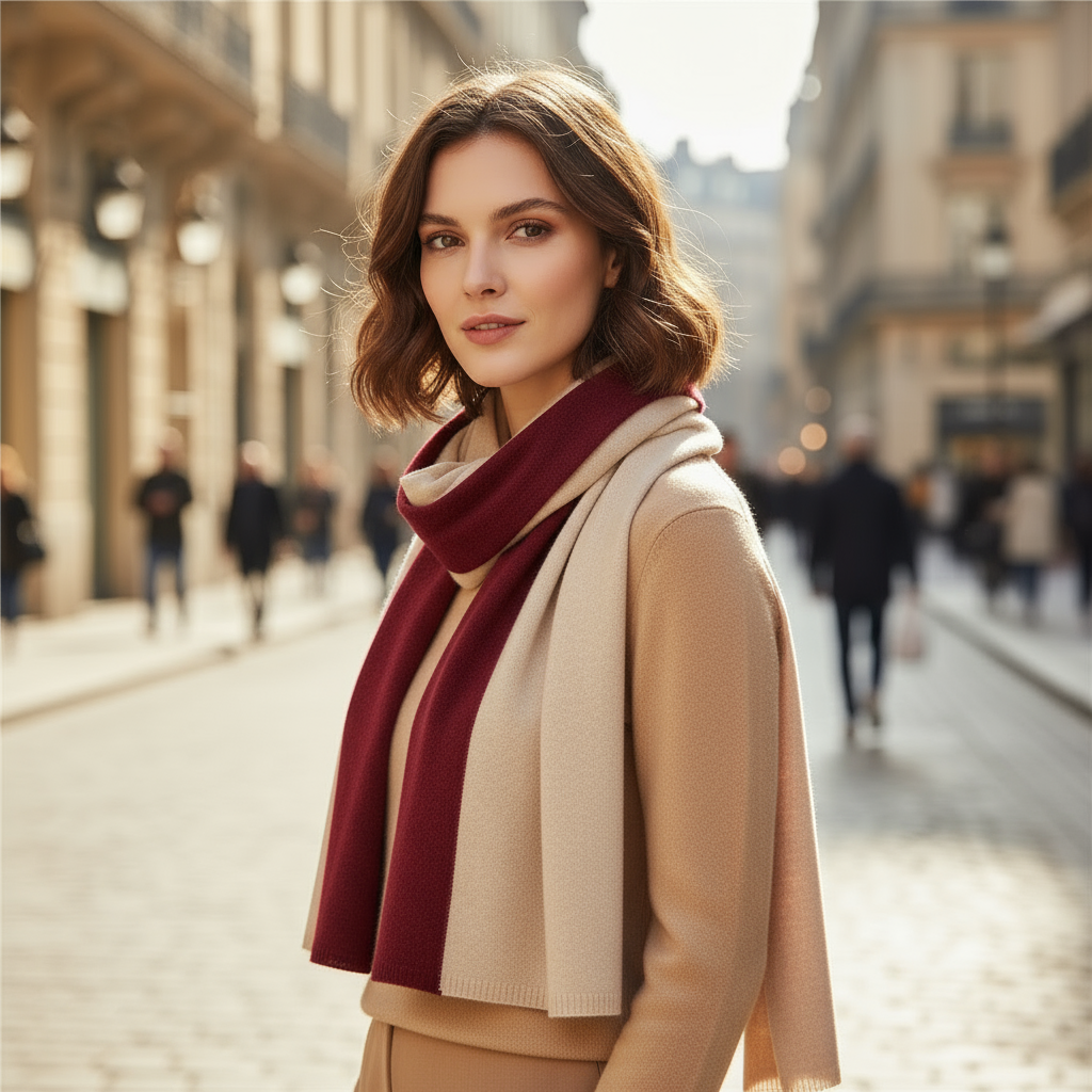 Écharpe Bicolore Cachemire Femme portée autour du cou - Bordeaux et Beige Clair - Beige Clair et Blanc - Beige Foncé et Blanc - Beige Sable et Crème - Gris Clair et Gris Foncé