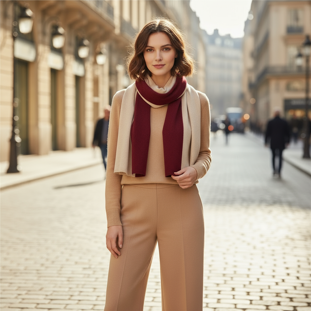 Écharpe Bicolore Cachemire Femme portée autour du cou - Bordeaux et Beige Clair - Beige Clair et Blanc - Beige Foncé et Blanc - Beige Sable et Crème - Gris Clair et Gris Foncé